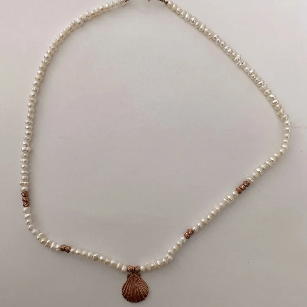 925 Silver pearl necklace with seashell 14k rose gold plated